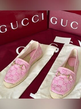 Gucci Pink GG Canvas Espadrille Loafers with Gold Horsebit 39 NIB